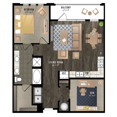 Floor plan for 1 bed, 1 bath, 1006 sqft
